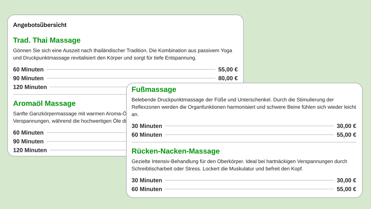 Detaillierte Preisliste eines Massage-Studios im Verzeichnis mit verschiedenen Massagearten, Angabe der Dauer, Preisen und individuellen Behandlungsbeschreibungen.