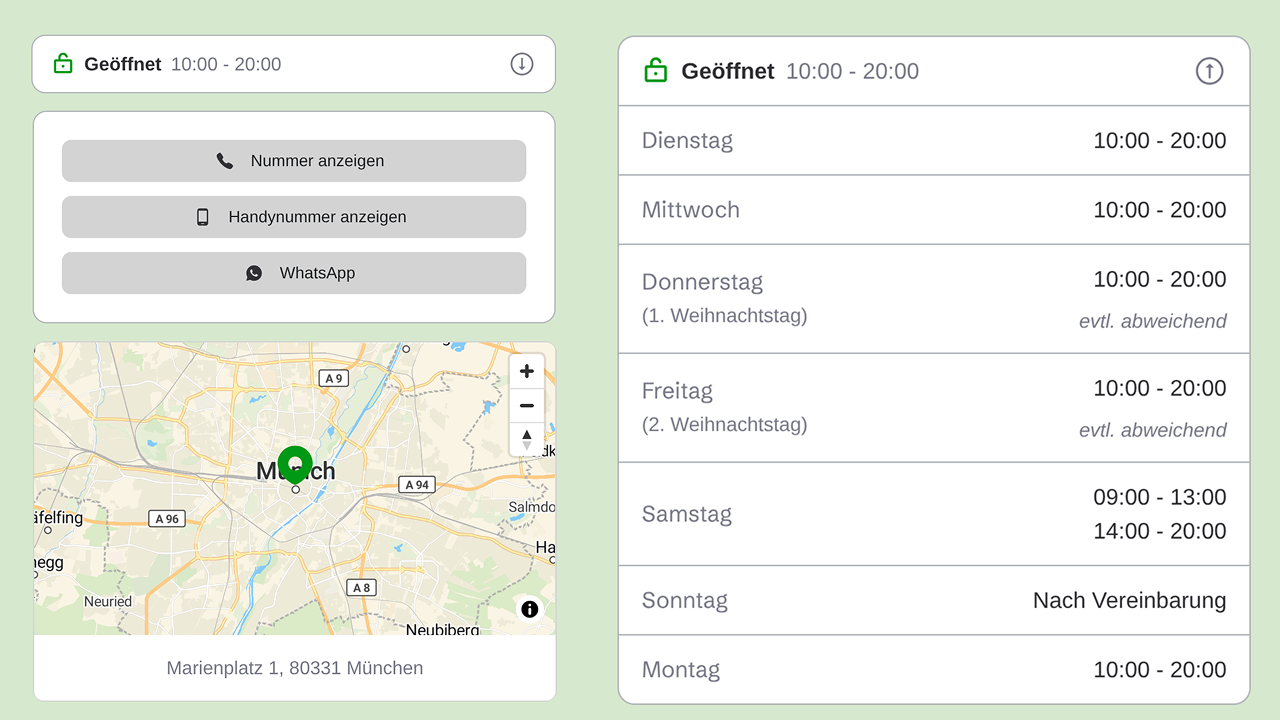 Ansicht der Kontakt-Sektion eines Massage-Studios mit Direktlinks für WhatsApp und Telefon, Standortkarte, Social-Media-Verknüpfungen und einer Tabelle der Öffnungszeiten.