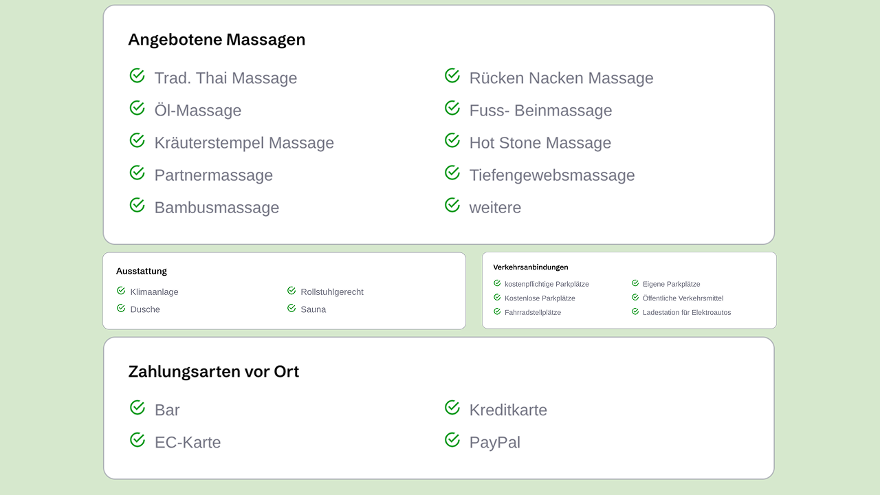 Übersicht der Studio-Eigenschaften mit Checkboxen für eine bessere Auffindbarkeit in der Suche durch gezielte Filterung von Ausstattung und Service.