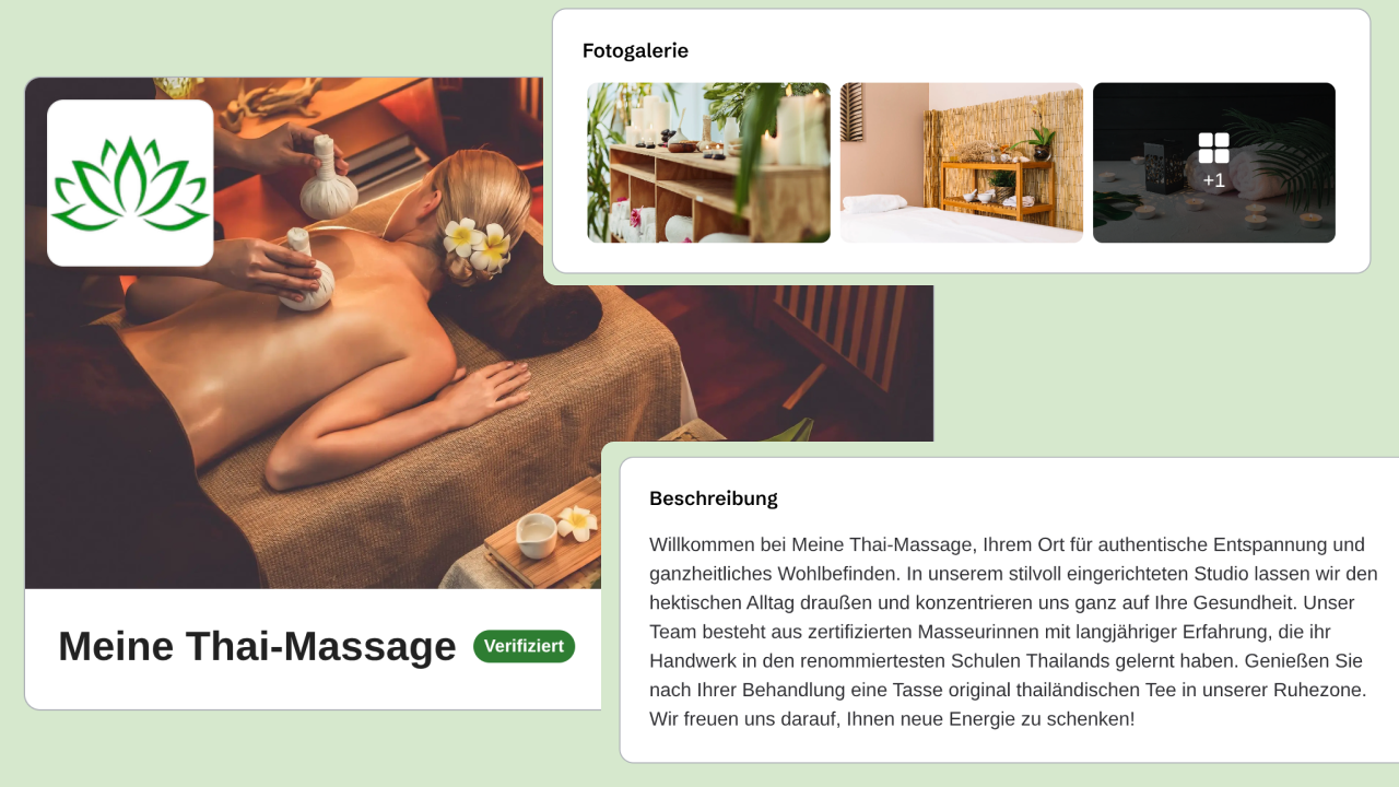 Vorschau eines optimierten Studio-Profils mit professionellem Titelbild, Logo, Bildergalerie, verifiziertem Abzeichen und ausführlichem Beschreibungstext.